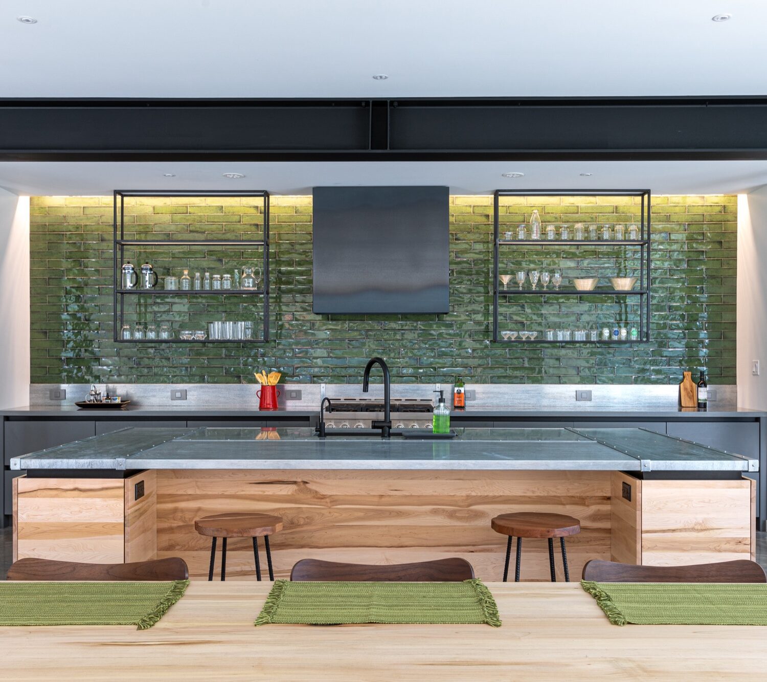 Interior rendering of kitchen with counter sink, and range hood.