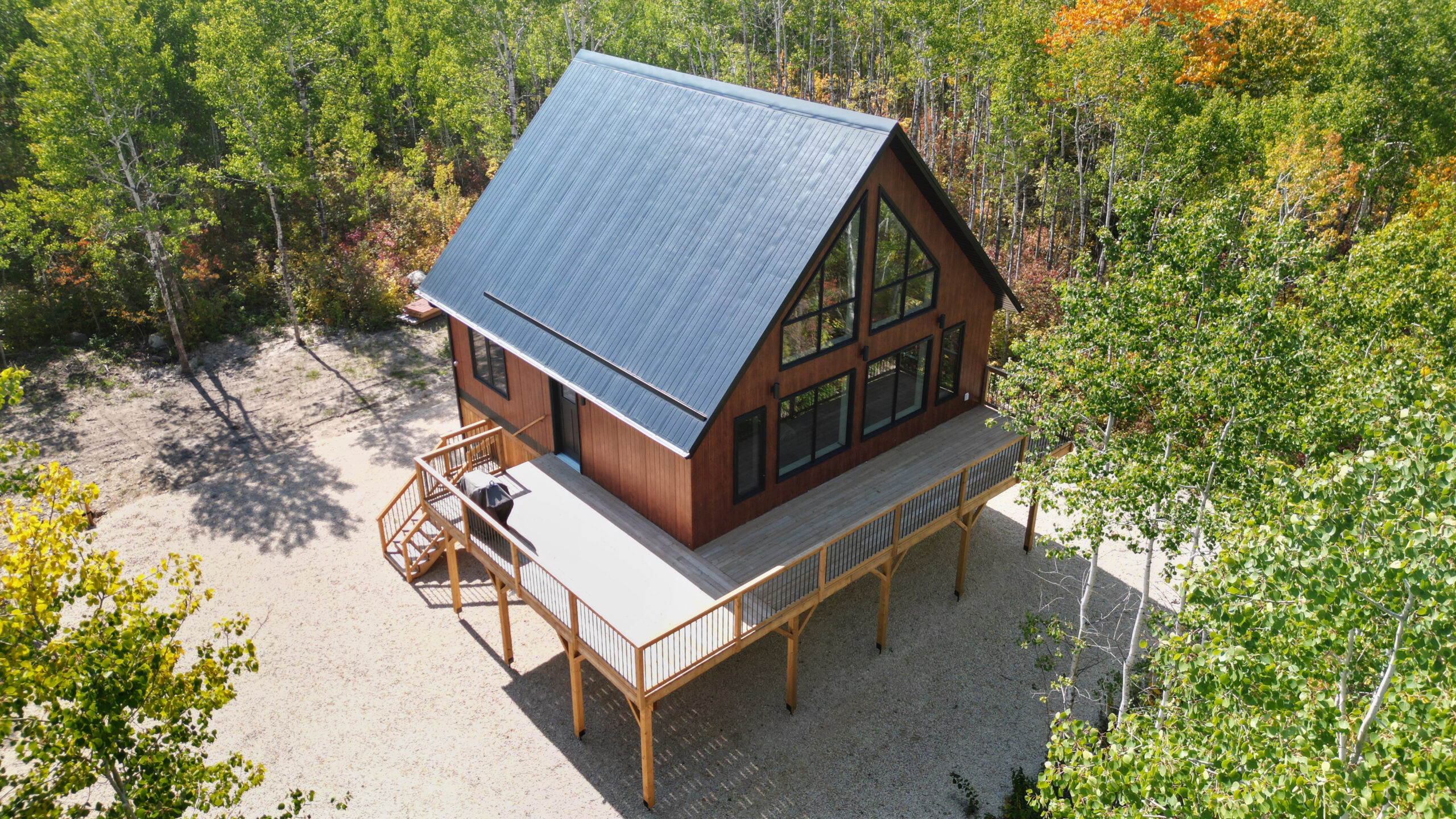 Aerial view of cabin with black steel roof, surrounded by trees
